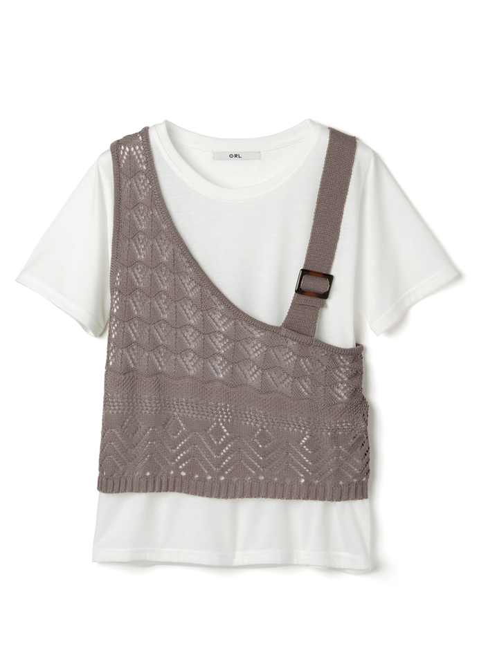 透かし編みアシンメトリーデザインベストXTシャツセット