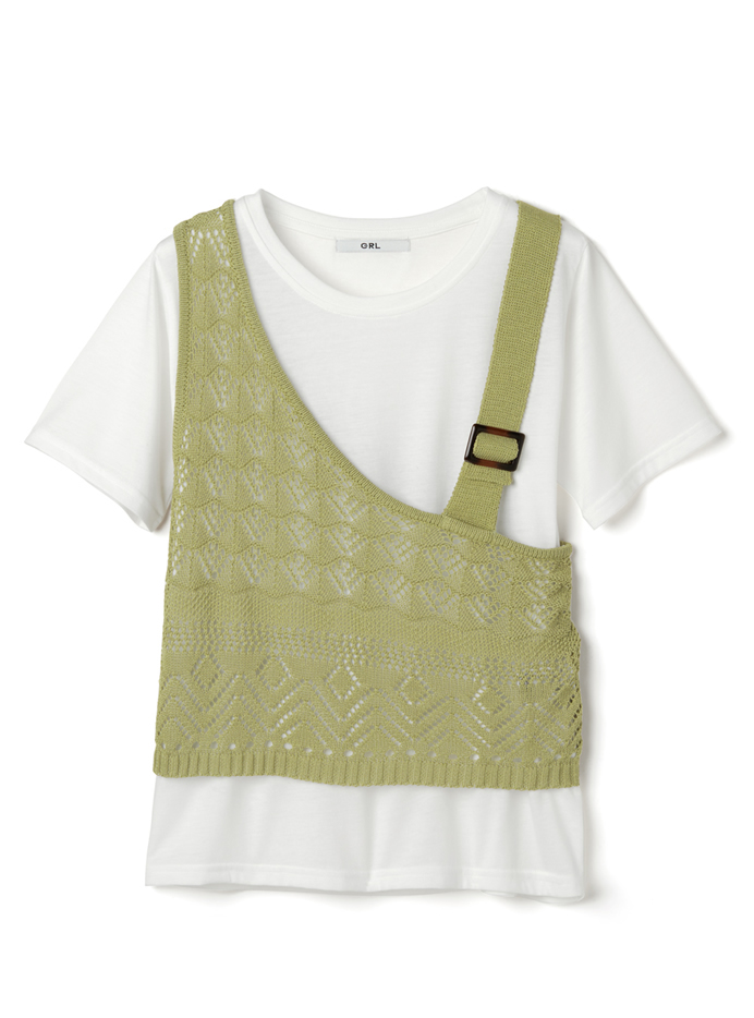 透かし編みアシンメトリーデザインベストXTシャツセット