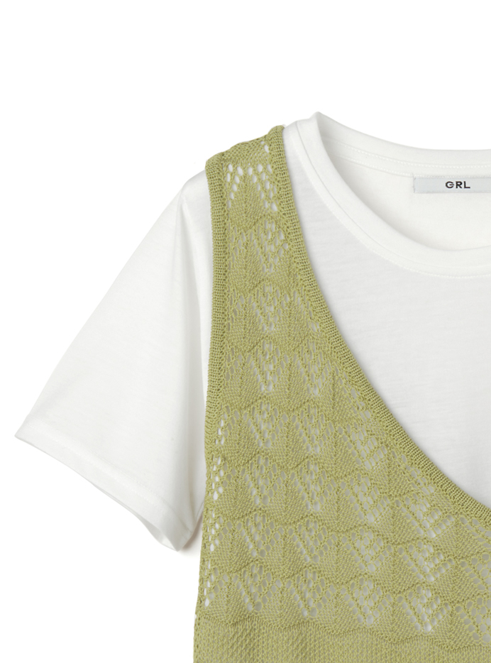 透かし編みアシンメトリーデザインベストXTシャツセット