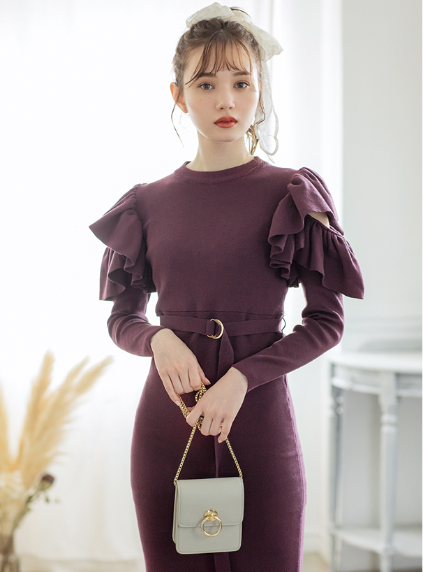 ベルト付きオープンショルダーフリルニットワンピース Rut397 レディースファッション通販のグレイル Grl 公式