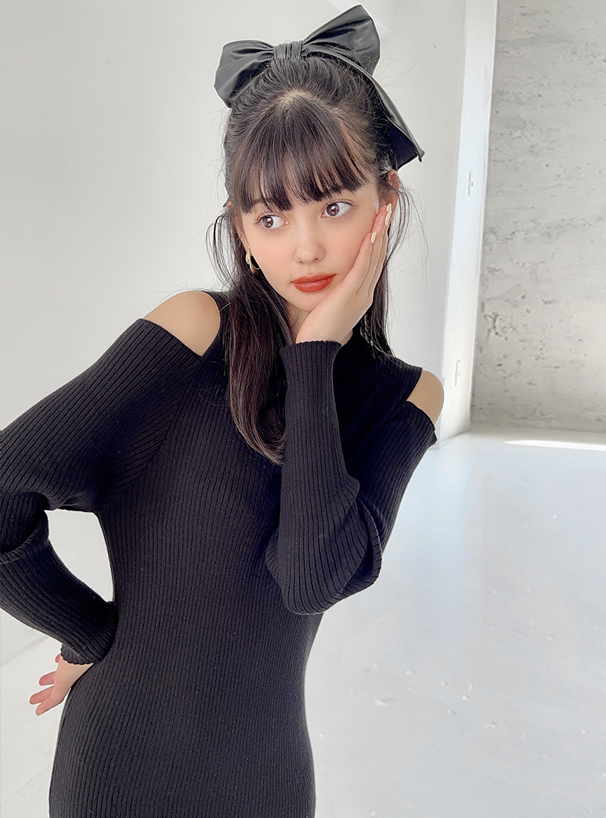 前後2Wayヘンリーネックリブニットロングワンピース