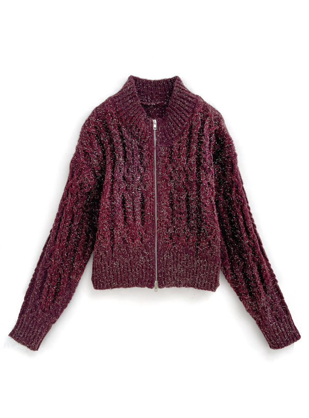 ダブルジップラメケーブルニットトップス