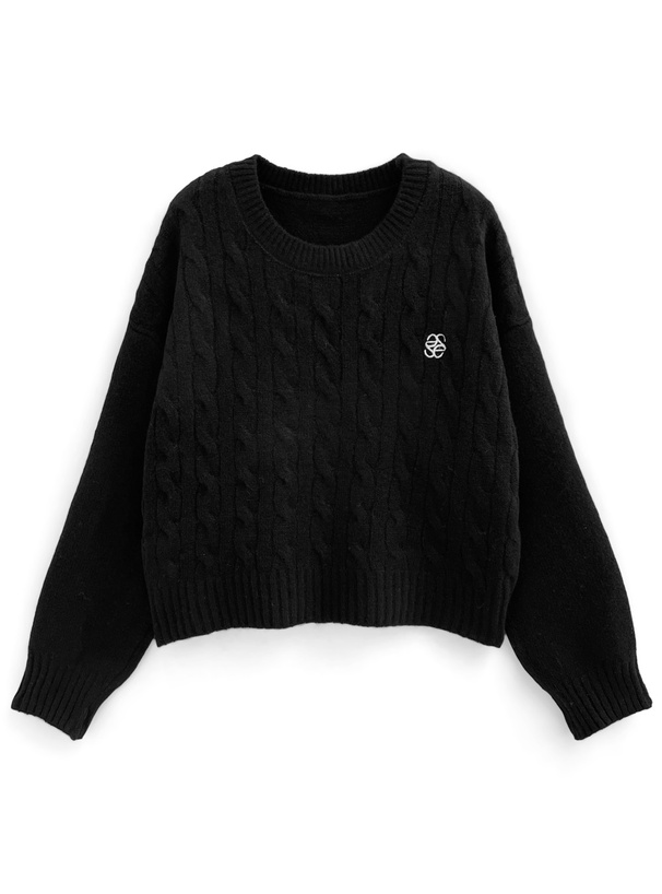 ロゴ刺繍ケーブル編みニットトップス