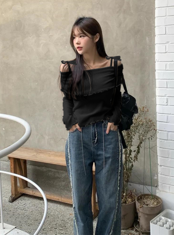 ショルダーリボンオフショルダーメロウリブトップス[sd057