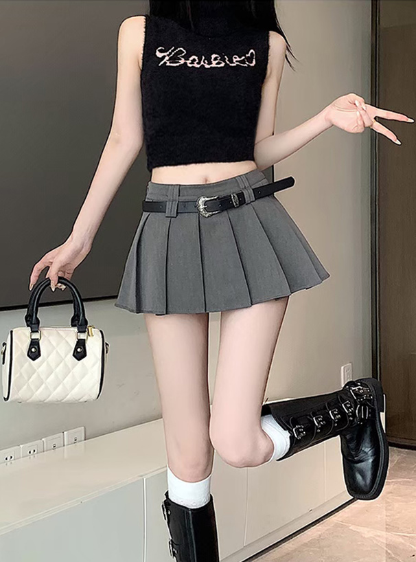 インパン裏地・ベルト付プリーツミニスカート