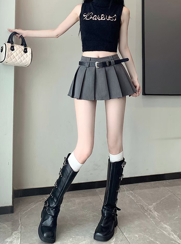 インパン裏地・ベルト付プリーツミニスカート