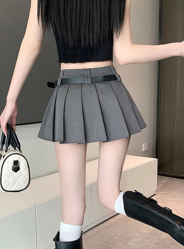 インパン裏地・ベルト付プリーツミニスカート