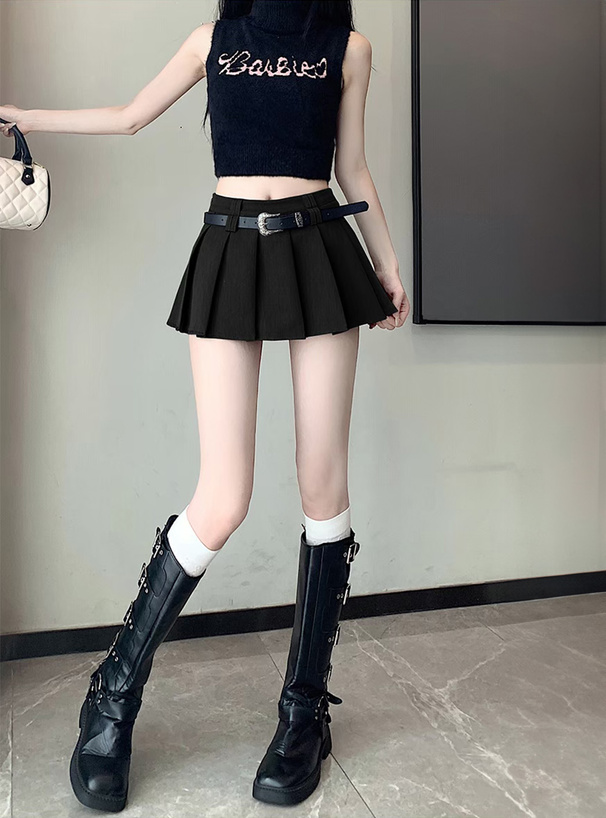 インパン裏地・ベルト付プリーツミニスカート