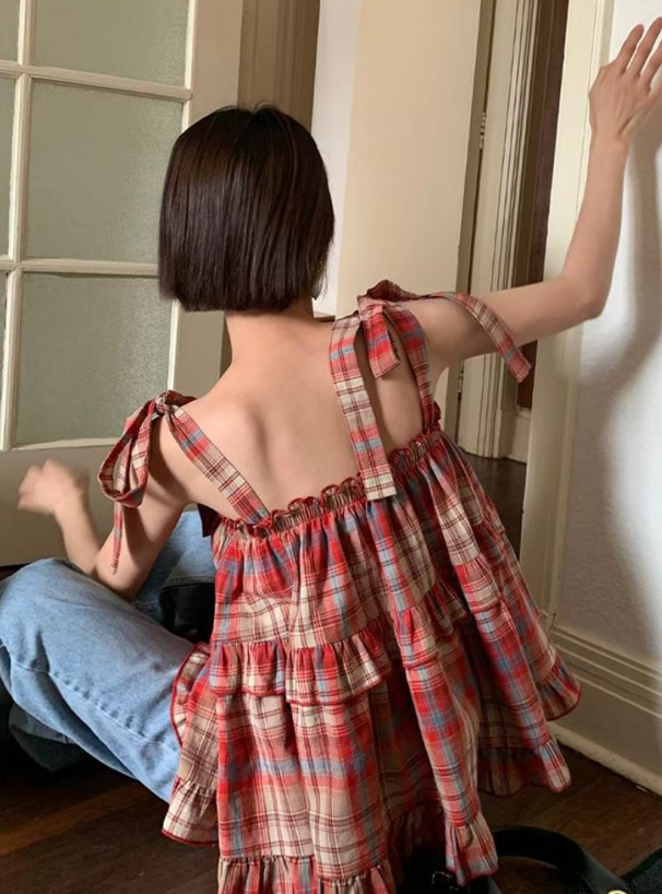リボンショルダーチェック柄フリルチュニック