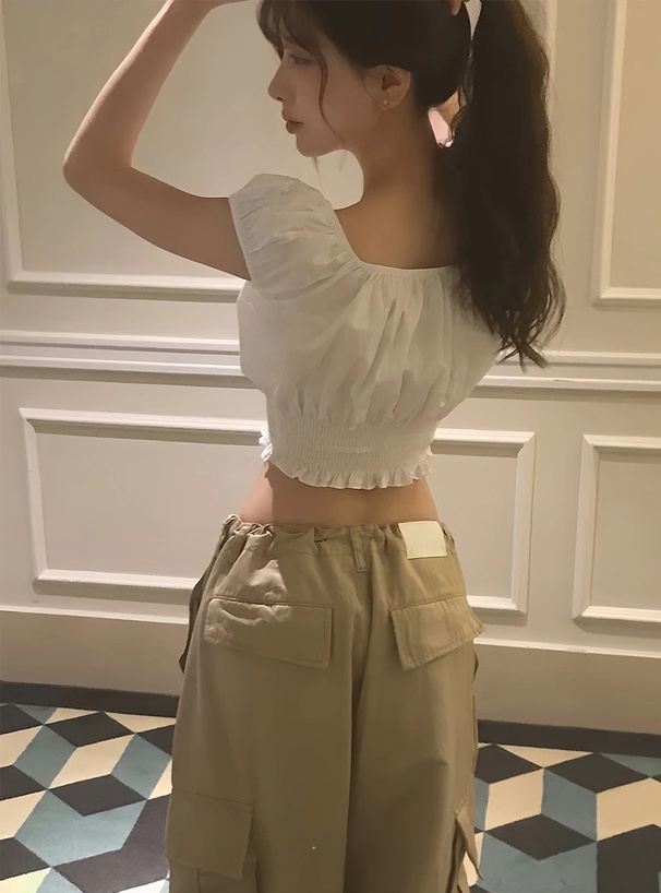 リボンオフショルダーパフスリーブブラウス