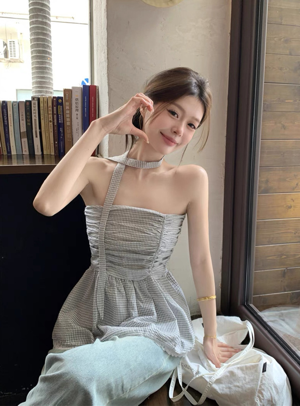 タイ付きギンガムチェック柄ギャザーフレアビスチェ