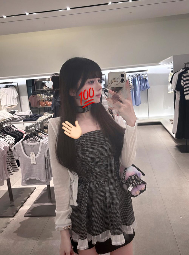 タイ付きギンガムチェック柄ギャザーフレアビスチェ