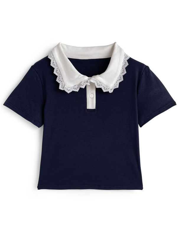 レース襟配色ポロトップス