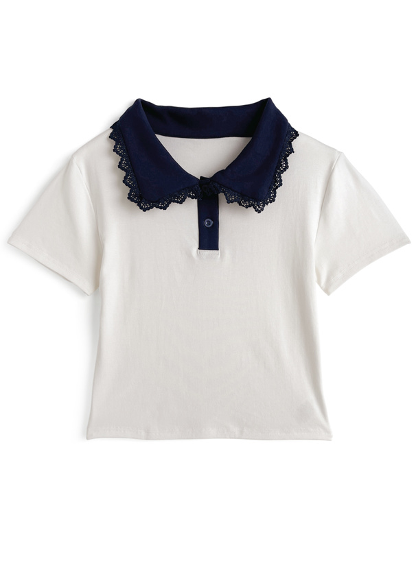 レース襟配色ポロトップス