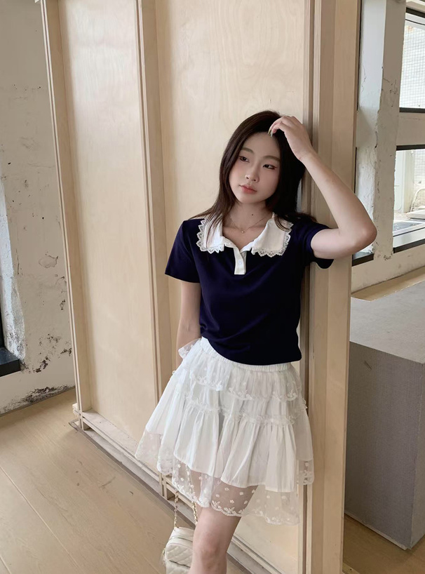 レース襟配色ポロトップス