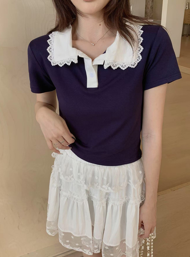 レース襟配色ポロトップス