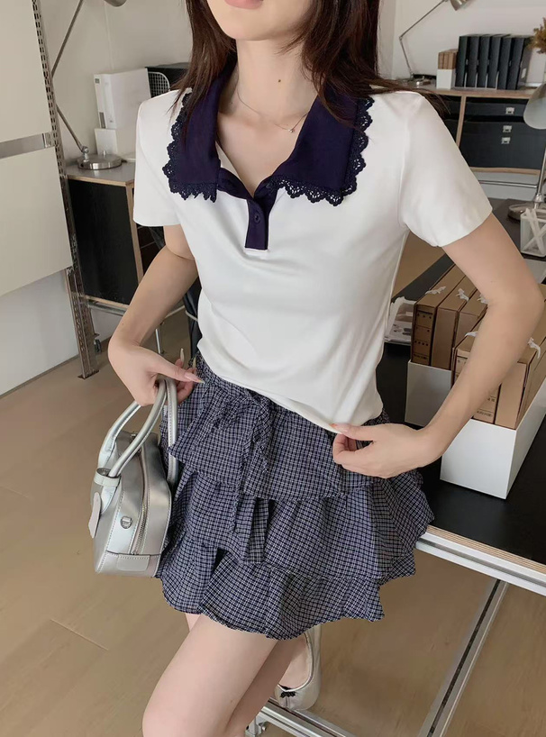 レース襟配色ポロトップス