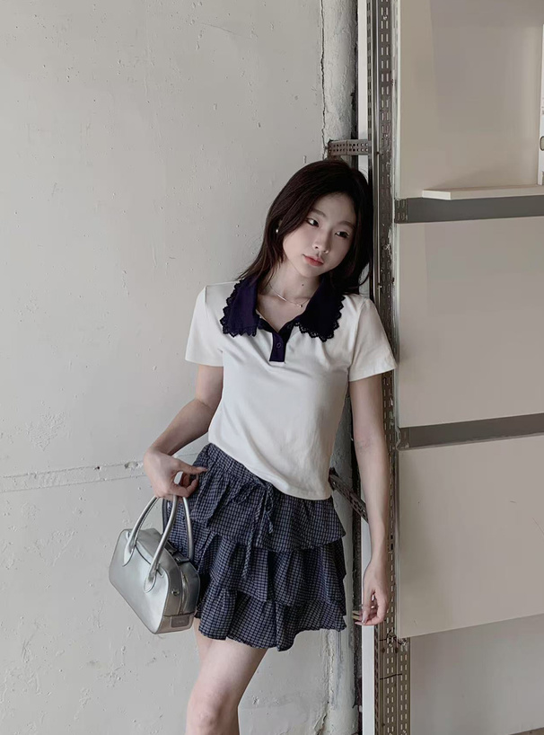 レース襟配色ポロトップス