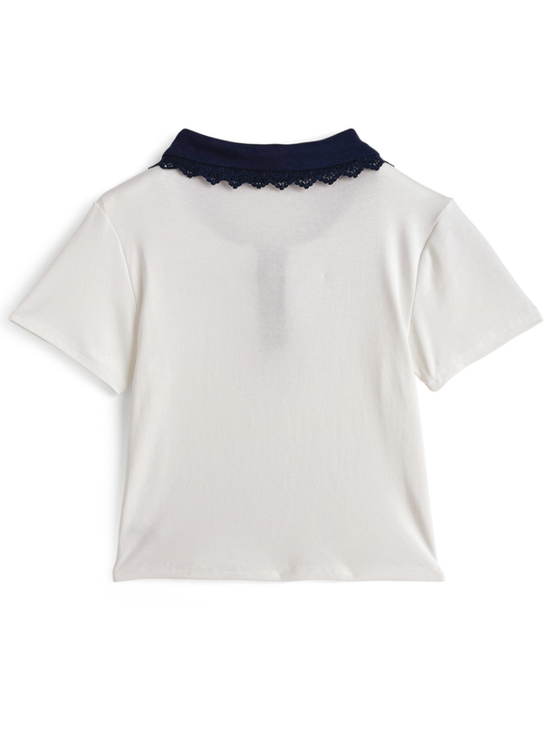 レース襟配色ポロトップス