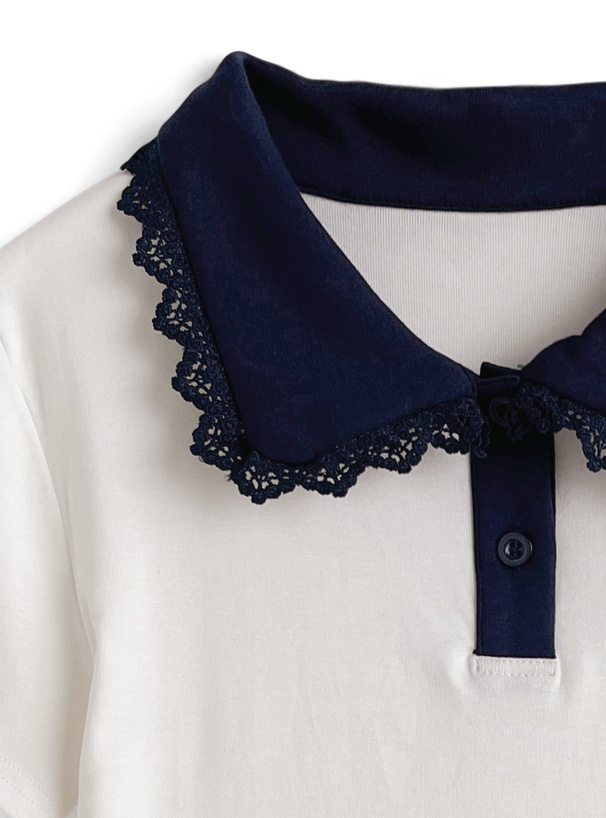 レース襟配色ポロトップス