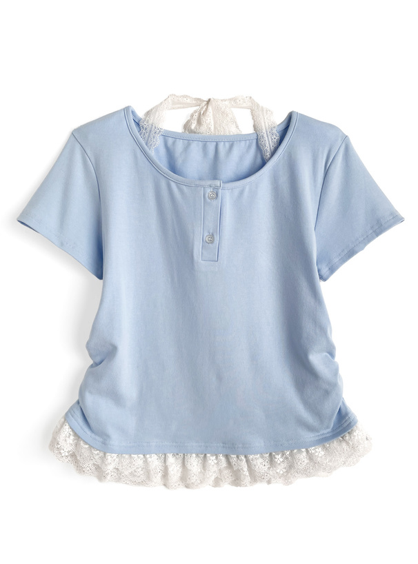 レースレイヤード風ヘンリーネックTシャツ