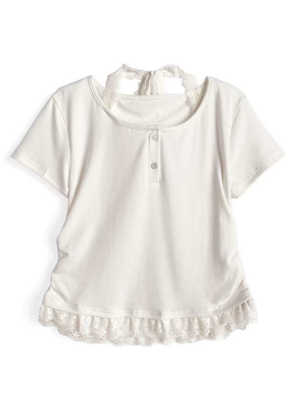 レースレイヤード風ヘンリーネックTシャツ