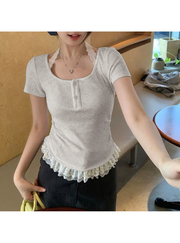 レースレイヤード風ヘンリーネックTシャツ