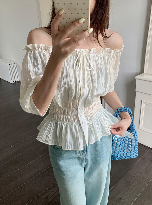 シアーシャーリングリボンオフショルダーブラウス