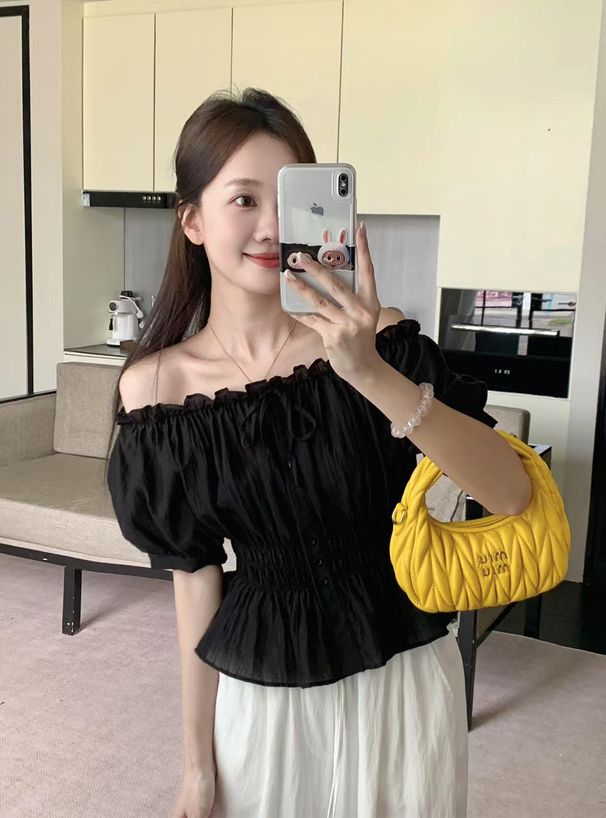 シアーシャーリングリボンオフショルダーブラウス