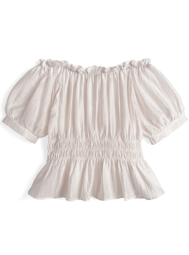 シアーシャーリングリボンオフショルダーブラウス