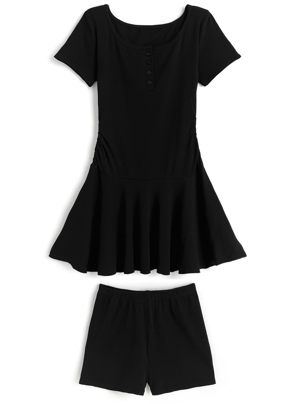 インパン付きヘンリーネックフレアミニワンピース