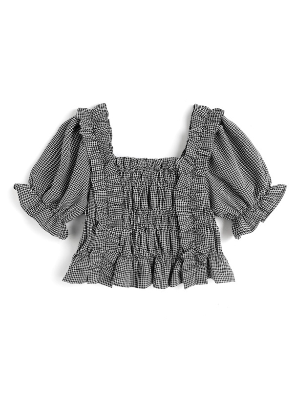 ギンガムチェック柄フリルパフスリーブブラウス[sd125]