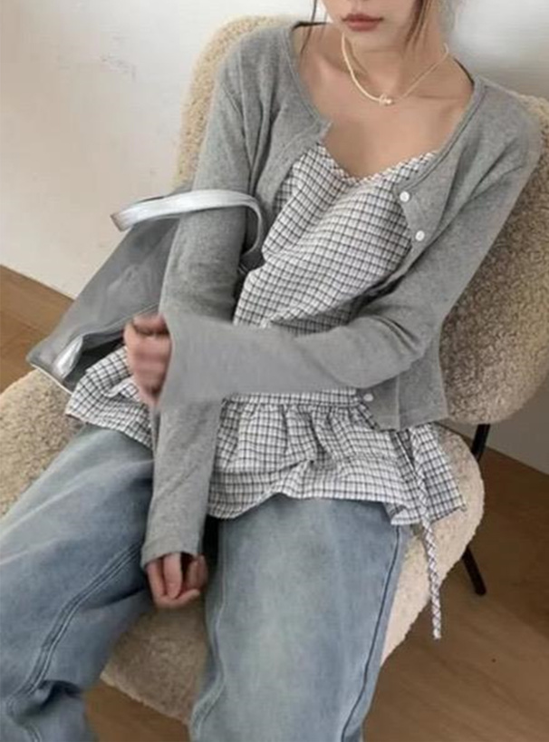 星 スウェット チェック キャミチュニック フリルデニム コーデ売り SOLLON. キャミソール チェック柄フリルティアードチュニック