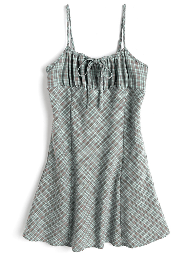 チェック柄ギャザーリボンキャミミニワンピース