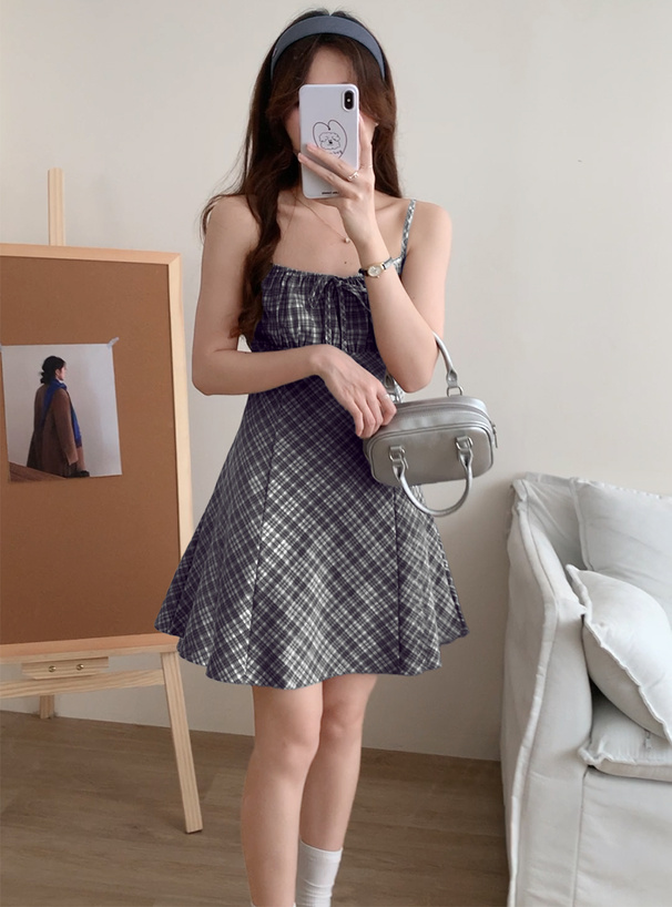 BELEAR MIMI (ベリアミミ) ローズヘムミニワンピース ダークグレー チェック柄ギャザーリボンキャミミニワンピース[sd128