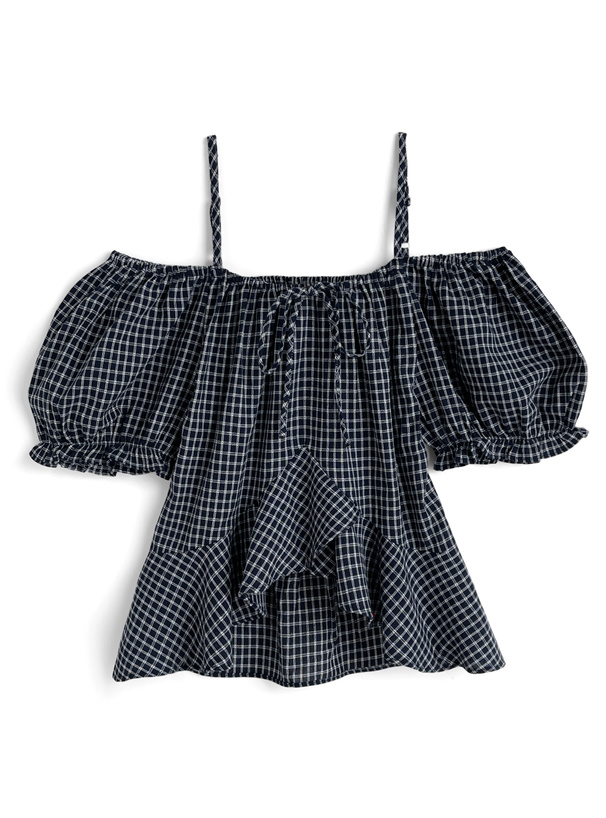 チェック柄リボンフリルオフショルダーブラウス[sd130]