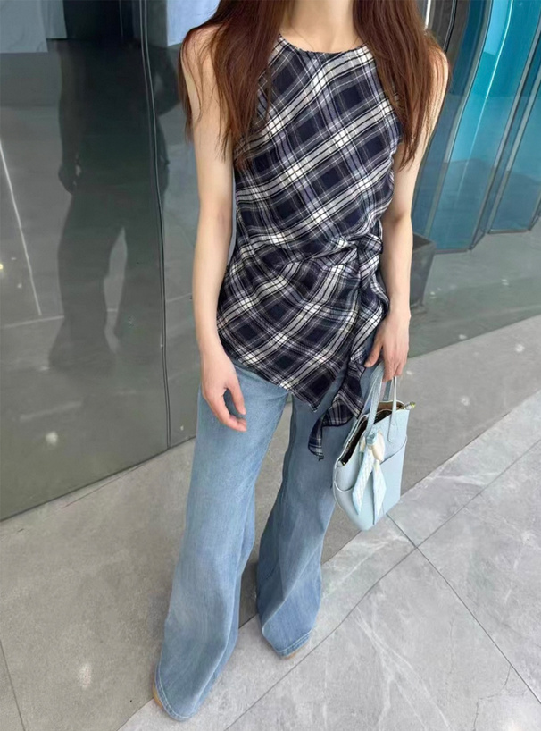 チェック柄ノースリーブイレギュラーヘムトップス[sd131] | レディース