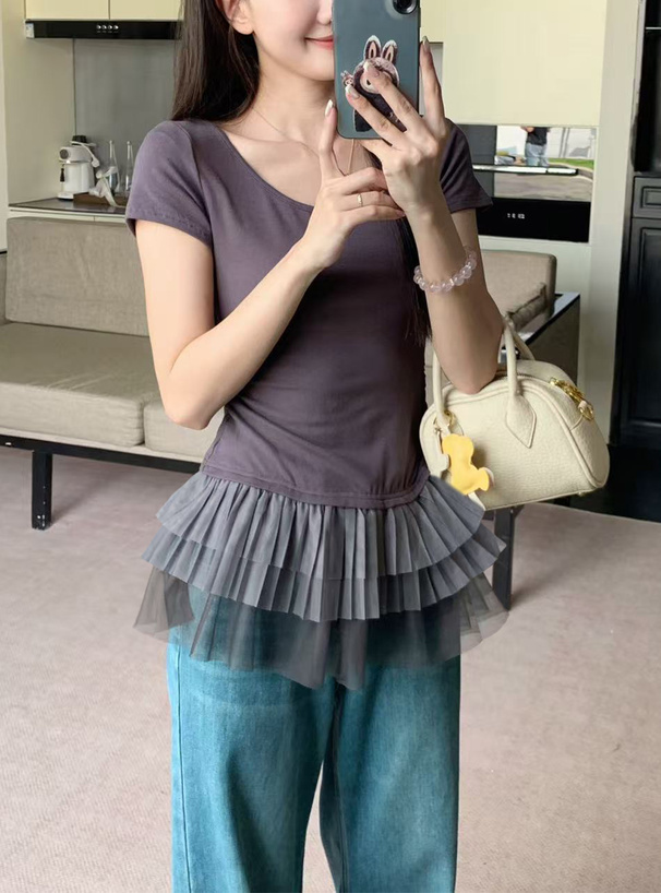 チュールドッキングサイドギャザーフリルトップス