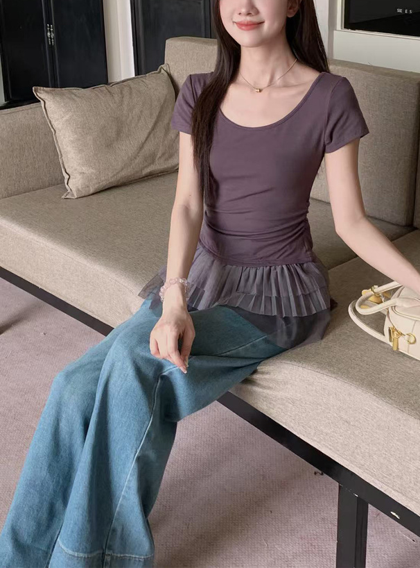 チュールドッキングサイドギャザーフリルトップス