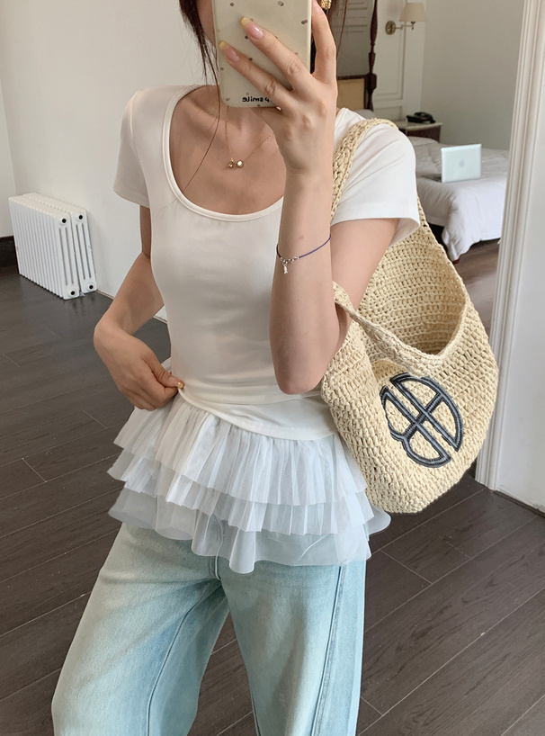 チュールドッキングサイドギャザーフリルトップス