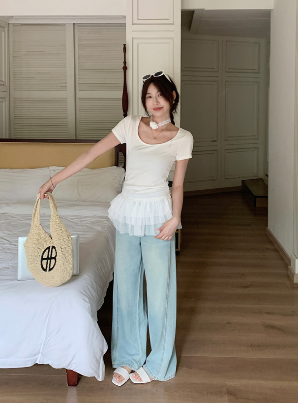 チュールドッキングサイドギャザーフリルトップス