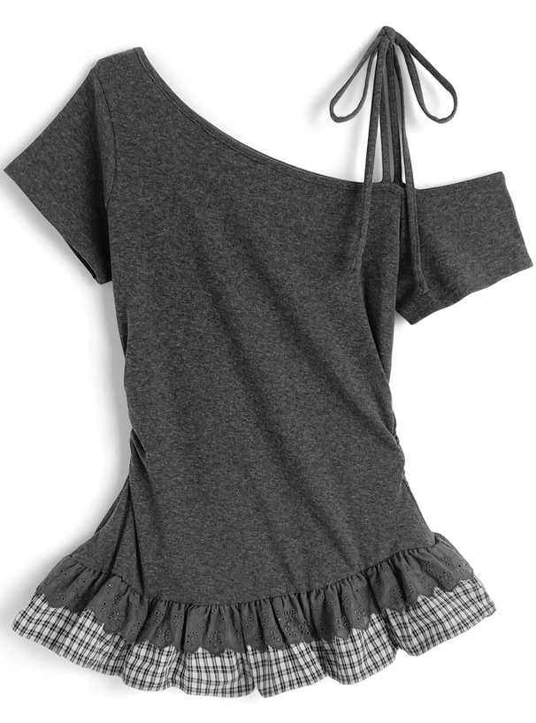 リボンサイドギャザー異素材フリルワンショルダートップス
