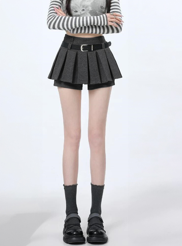 ベルト付きプリーツミニスカートパンツ