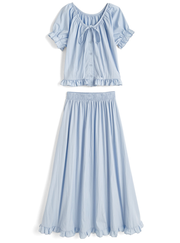 リボンフリルブラウス×フレアロングスカートセットアップ[sd138