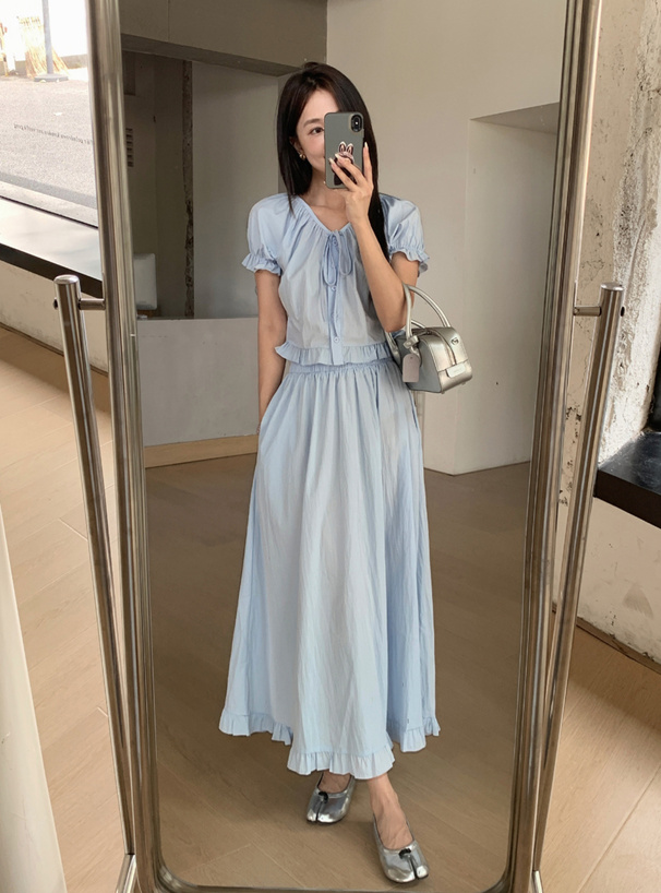 リボンフリルブラウス×フレアロングスカートセットアップ[sd138