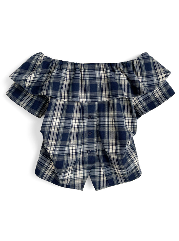 チェック柄フリルオフショルダーブラウス[sd141]