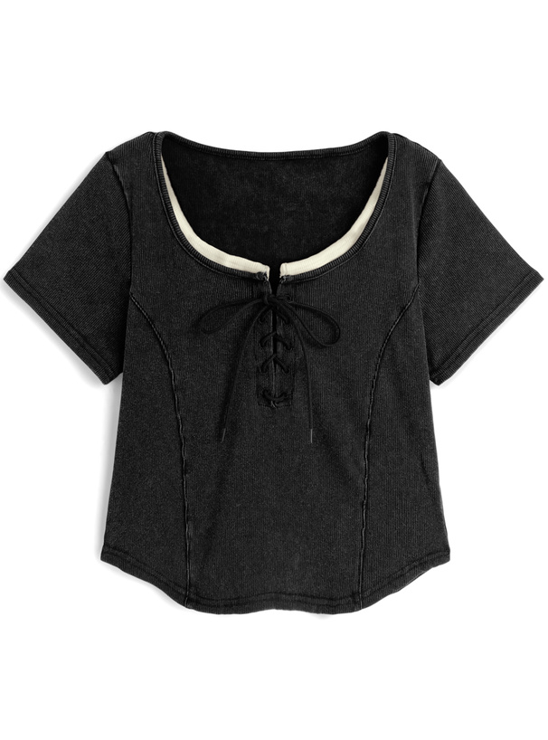 レースアップショート丈リブトップス