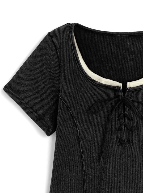 レースアップショート丈リブトップス