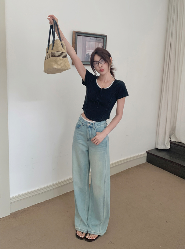 レースアップショート丈リブトップス