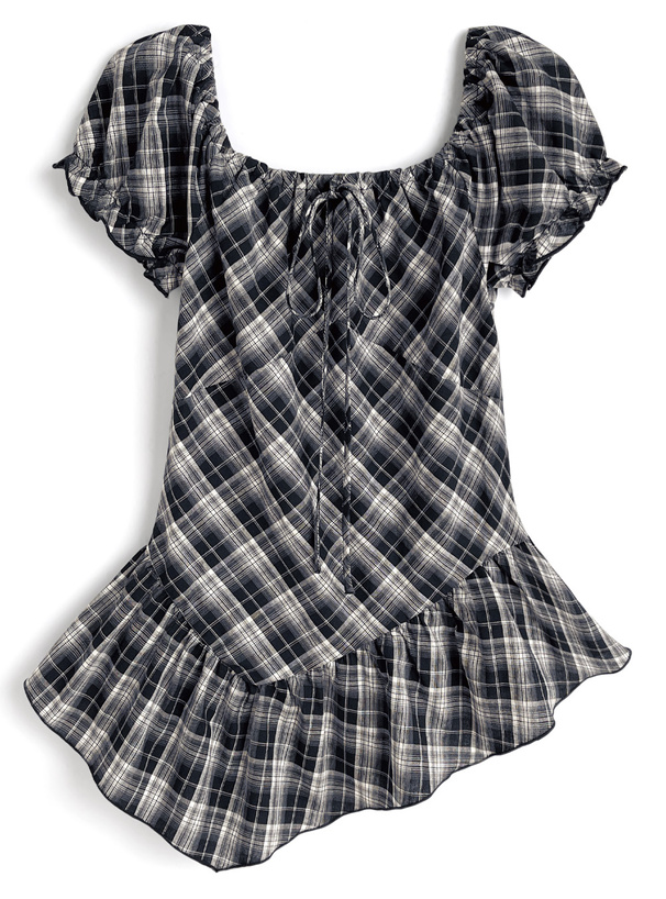 チェック柄パフスリーブアシメフリルチュニック[sd145